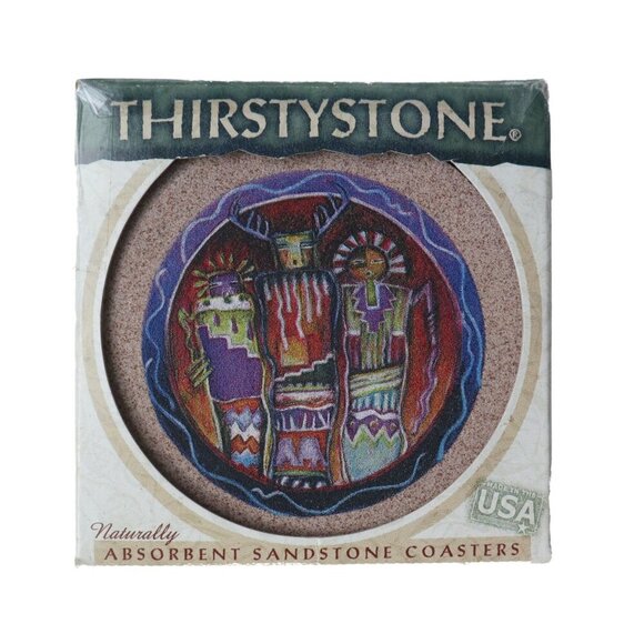 Thirstystone Kokopelli Toss Natural Sandstone Coaster Set Kachina Easily Wipes - Picture 2 of 5